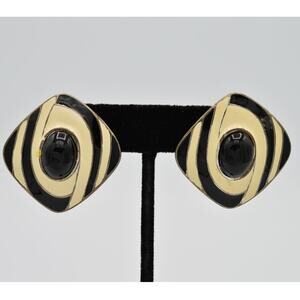 TAT Vintage Cabochon Earrings Black Off White Enamel Chunky Signed 1980s BnS